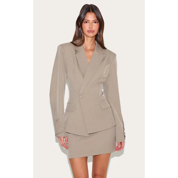 Mushroom Woven Cinched Waist Fitted Blazer
