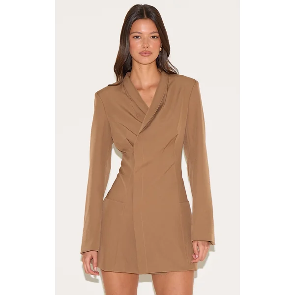 Mushroom Woven Collarless Blazer Dress