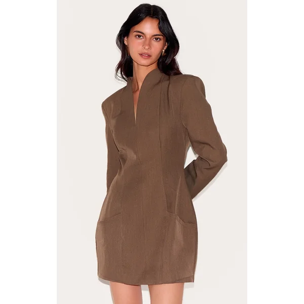 Mushroom Woven Collarless Long Sleeve Blazer Dress