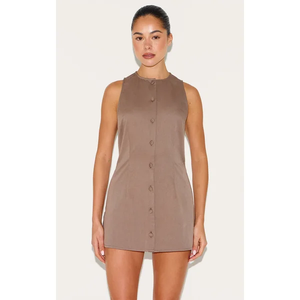 Mushroom Woven Full Button Down A Line Skort Romper