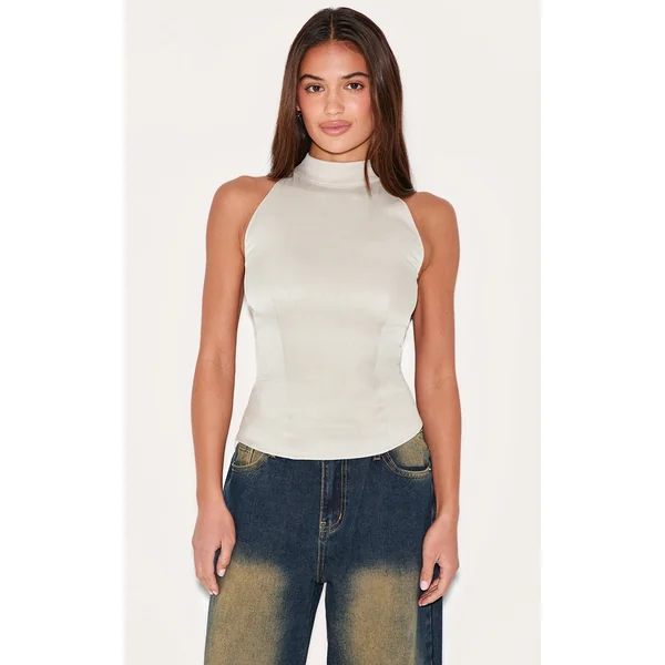 Mushroom Woven High Neck Tie Detail Top