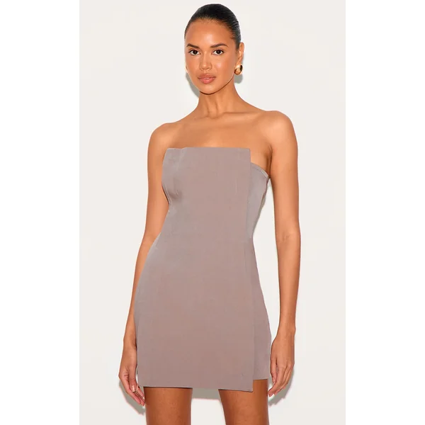 Mushroom Woven Panel Detail Bandeau Mini Dress
