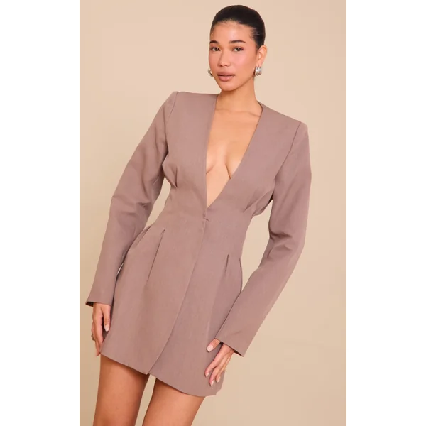 Mushroom Woven Pleated Shift Blazer Dress
