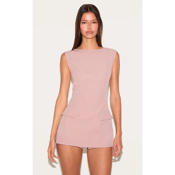 Mushroom Woven Pocket Detail Sleeveless Skort Romper