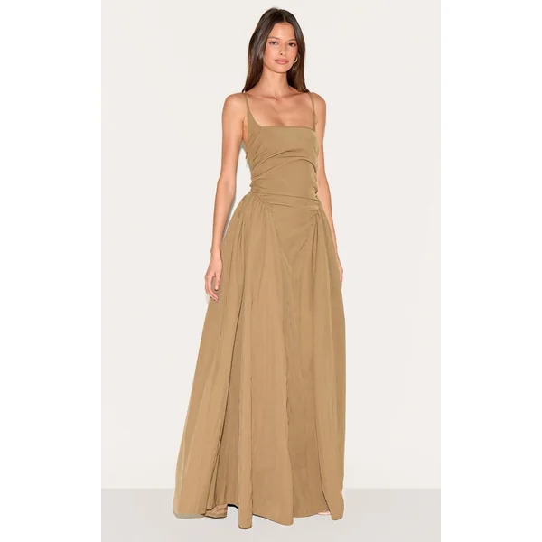 Mushroom Woven Ruched Strappy Maxi Dress