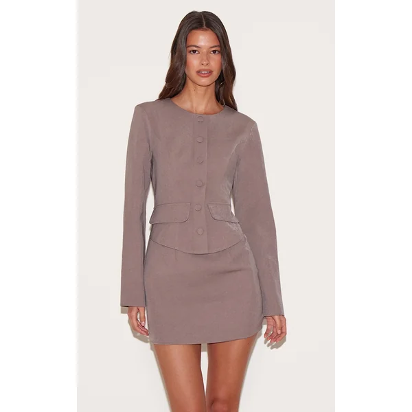Mushroom Woven Tailored Button Detail Mini Dress