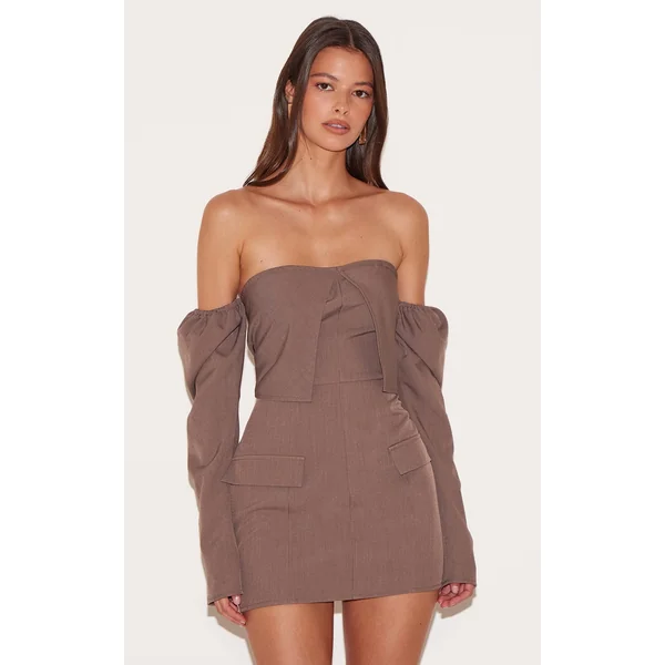 Mushroom Woven Tailored Long Sleeve Bardot Pocket Detail Mini Dress