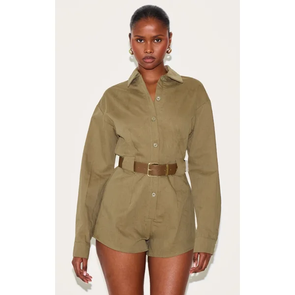 Mushroom Woven Utility Belted Romper