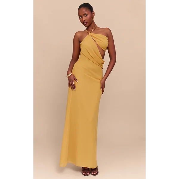 Mustard Chiffon Cut Out Draped Maxi Dress