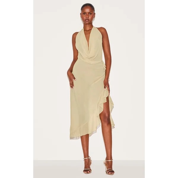 Mustard Cowl Ruffle Split Detail Midi Dress