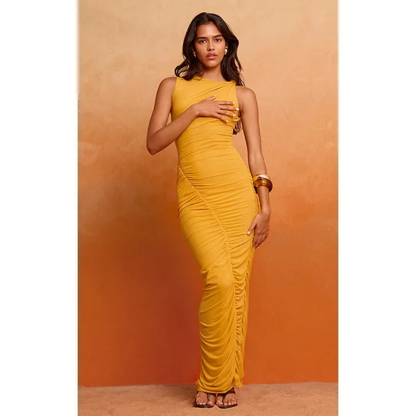 Mustard Double Layer Mesh Boat Neck Ruched Maxi Dress