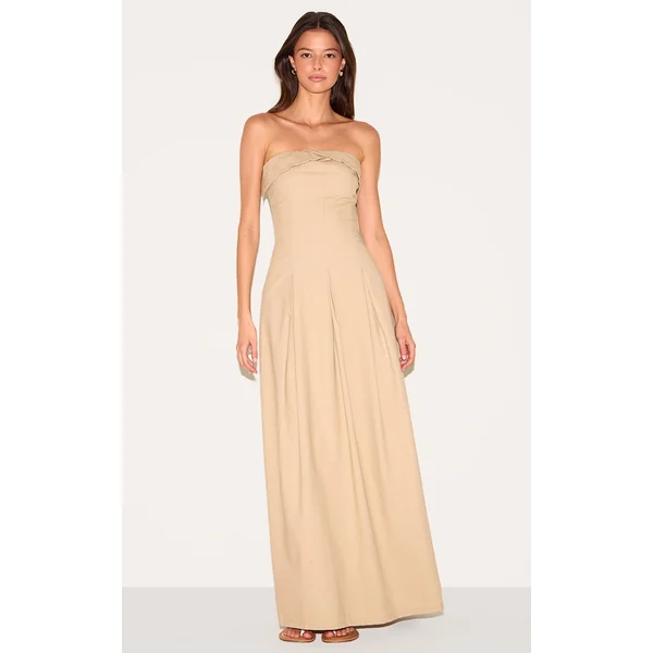 Natural Bandeau Pleated Midaxi Dress