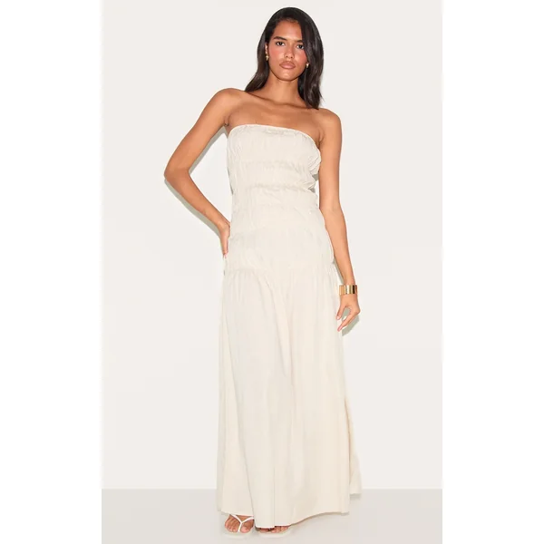 Natural Bandeau Ruched Detail Maxi Dress