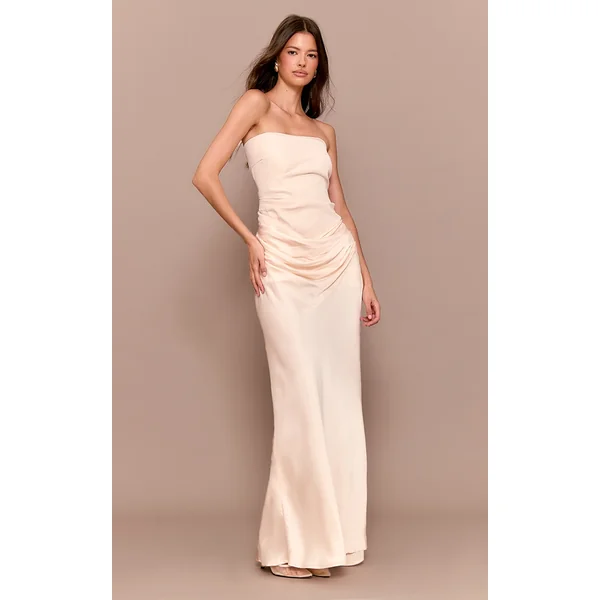 Natural Bandeau Satin Drape Detail Midaxi Dress