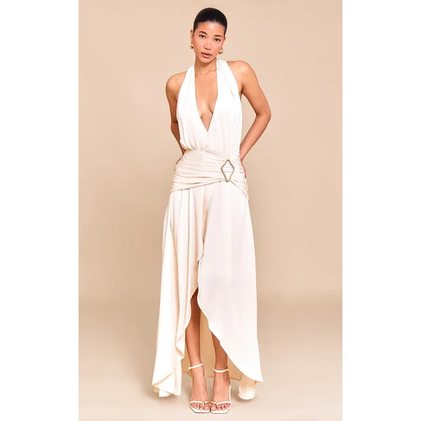 Natural Chiffon Plunge Trim Detail Maxi Dress