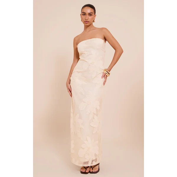 Natural Floral Embroidered Textured Bandeau Maxi Dress