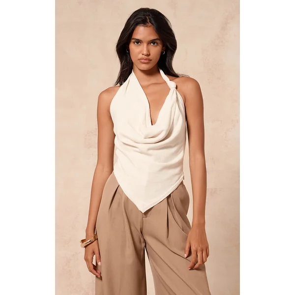 Natural Lightweight Woven Cowl Knot Detail Long Top