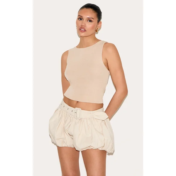 Natural Linen Blend Belted Puffball Mini Skirt