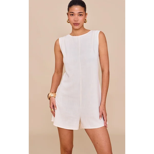 Natural Linen Blend Slouchy Boat Neck Romper