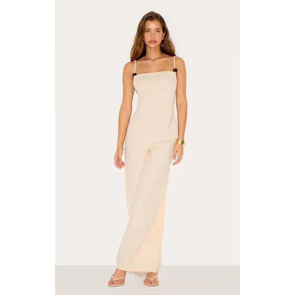 Natural Linen Blend Straight Neck Bead Detail Jumpsuit