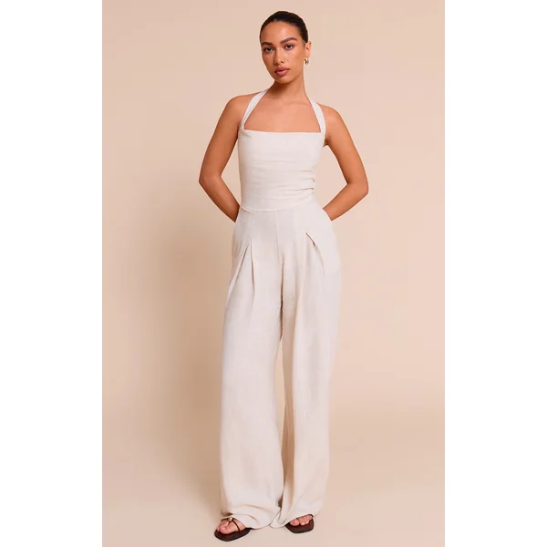 Natural Linen Look Bandeau Wide Leg Jumpsuit