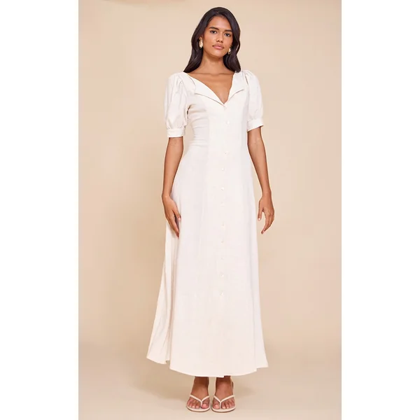 Natural Linen Look Button Puff Sleeve Midaxi Dress