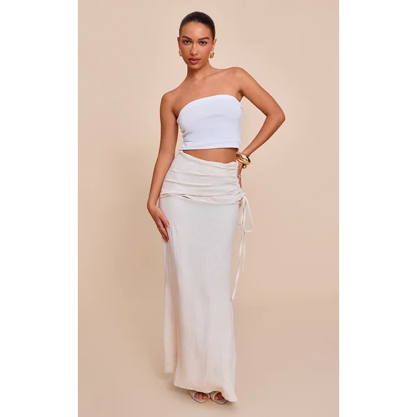 Natural Linen Look Ruched Waist Maxi Skirt