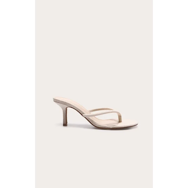 Natural Linen Round Toe Thong Mid Heel Mules