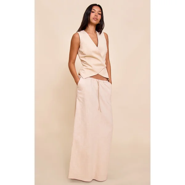 Natural Premium Linen Drawstring Maxi Skirt