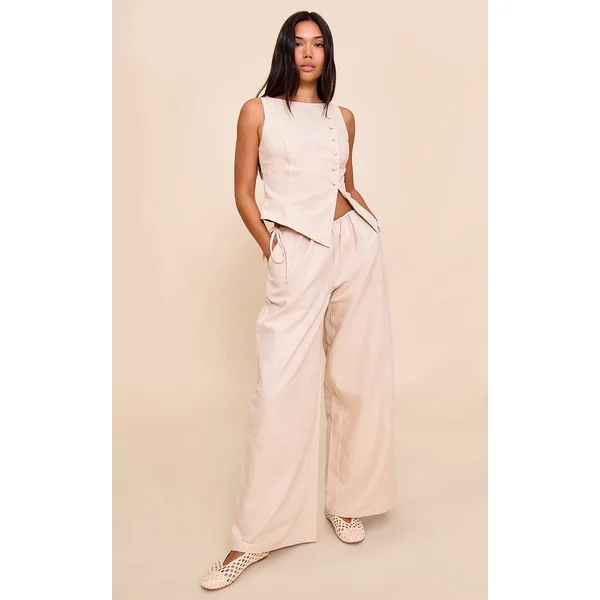 Natural Premium Linen Side Tie Detail Wide Leg Pants