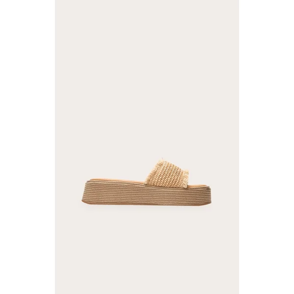 Natural Raffia Fake Stack Round Toe Flatform Sandals