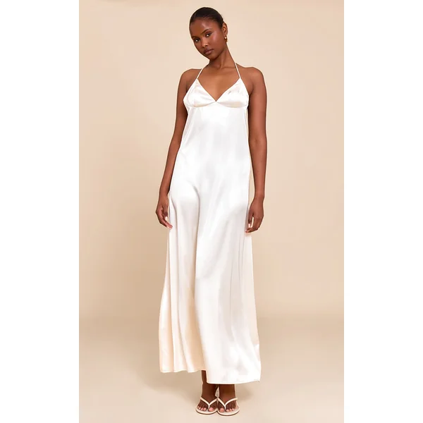 Natural Satin Lace Up Back Maxi Slip Dress