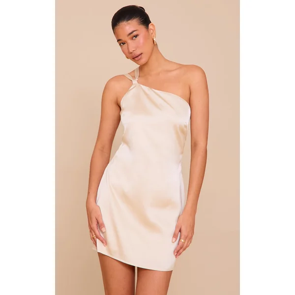 Natural Satin One Shoulder Tie Back Mini Dress