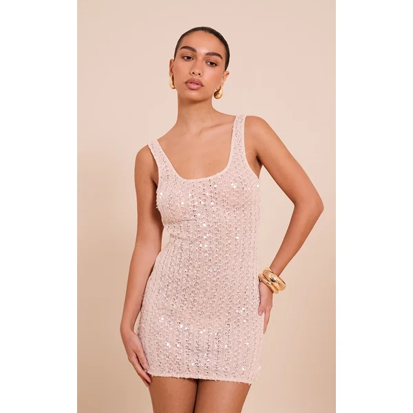 Natural Sequin Scoop Neck Mini Dress