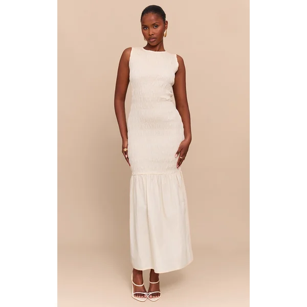 Natural Shirred Detail Drop Waist Maxi Dress