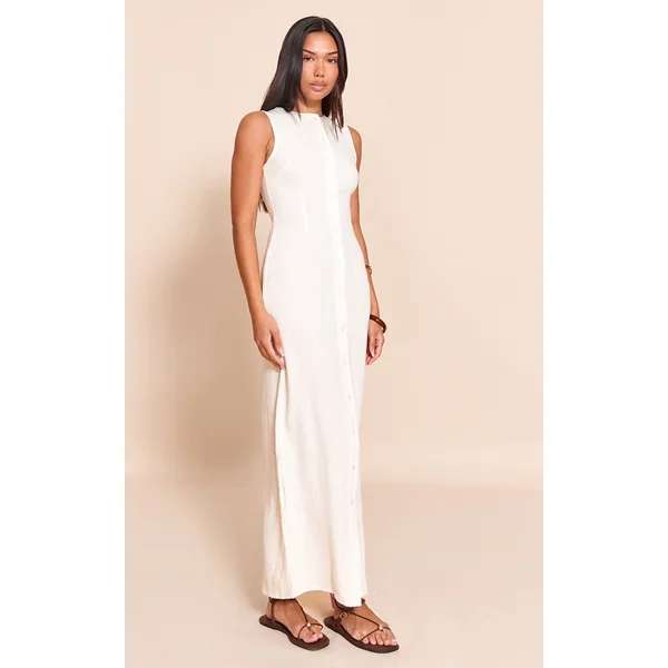 Natural Textured Button Down Sleeveless Maxi Dress