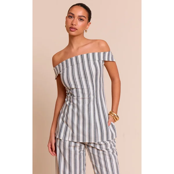 Natural Textured Stripe Fold Over Bardot Long Top