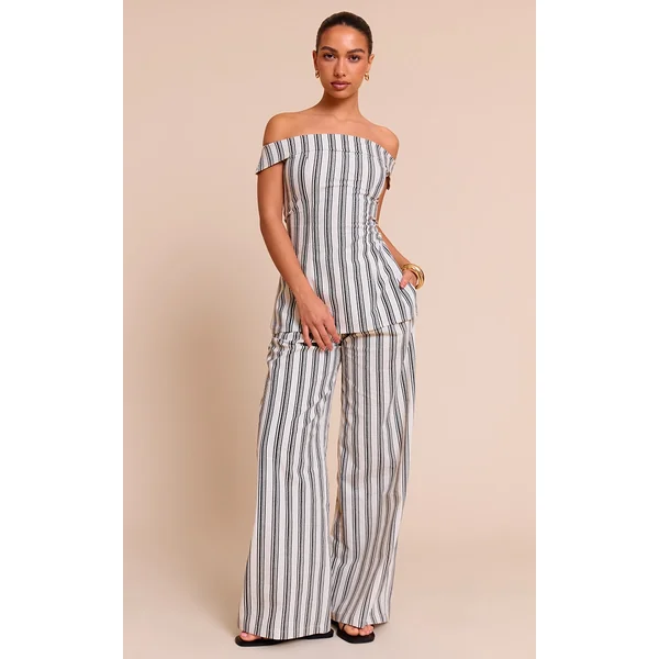 Natural Textured Stripe Tailored Wide Leg Pants