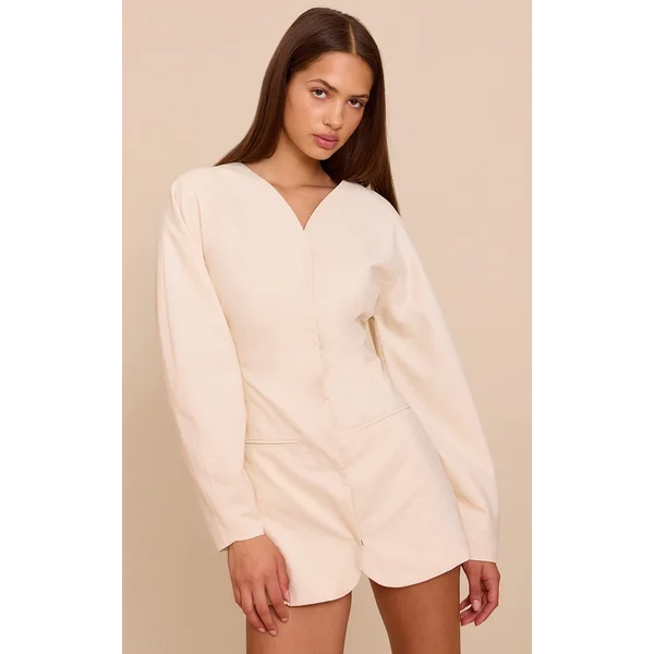 Natural Woven Balloon Sleeve Collarless Blazer Dress