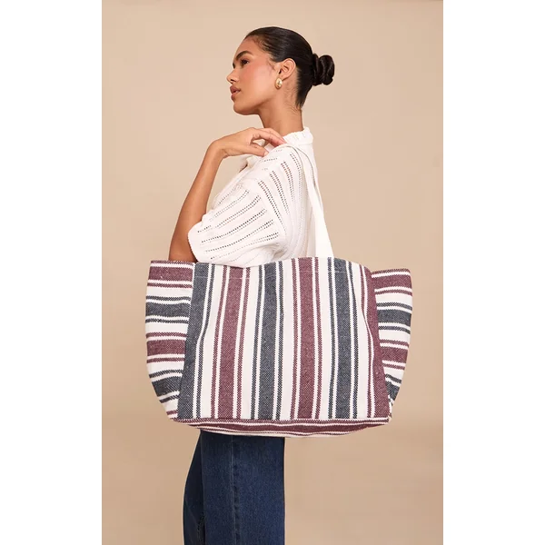 Navy and Burgundy Striped Beach Bag