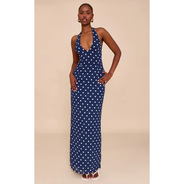 Navy And White Chiffon Polka Dot Printed Plunge Neck Maxi Dress