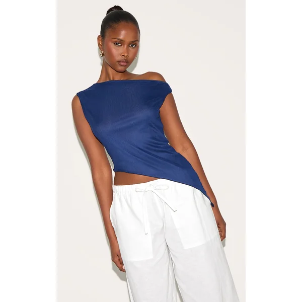 Navy Asymmetric Neck Mesh Top