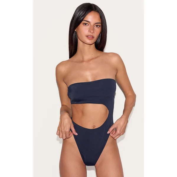 Navy Bandeau Cut Out High Leg Swimsuit