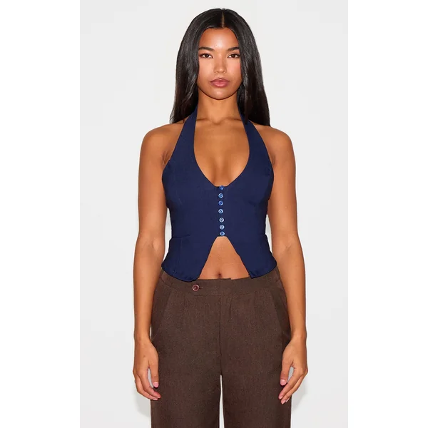 Navy Bengaline Button Up Halterneck Long Top