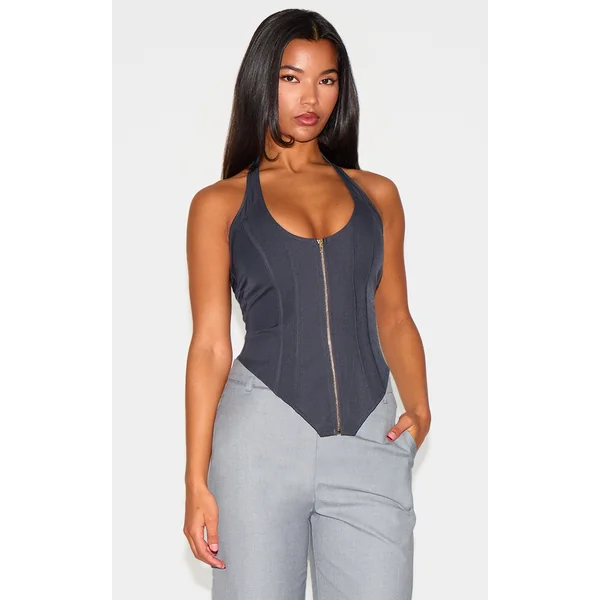 Navy Boned Dip Hem Corset