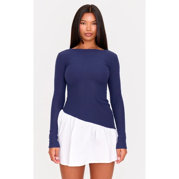 Navy Brushed Rib Asymmetric Hem Shift Dress