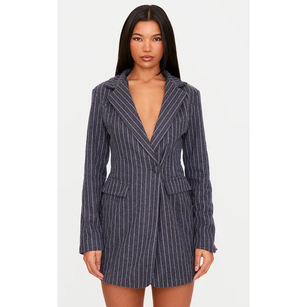 Navy Brushed Woven Pinstripe Cinched Waist Blazer Dress