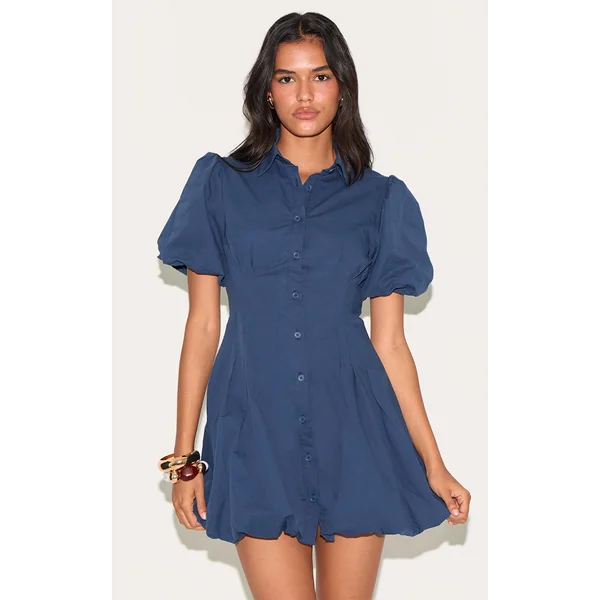 Navy Button Down Cinched Waist Shift Dress