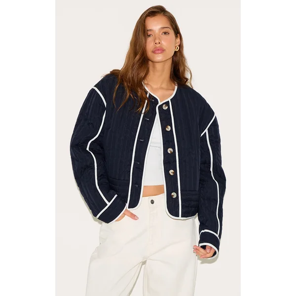 Navy Button Up Round Neck Quilted Jacket