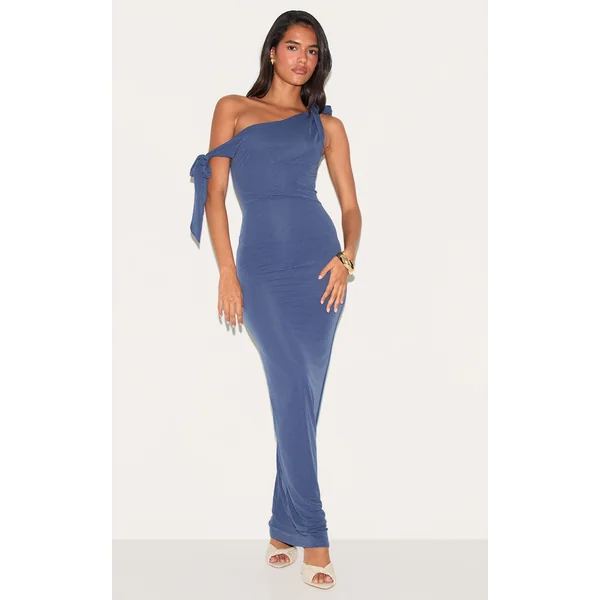 Navy Chiffon Asymmetric Tie Details Maxi Dress